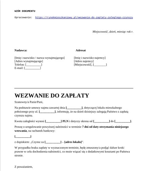 Schemat elementów wezwania do zapłaty