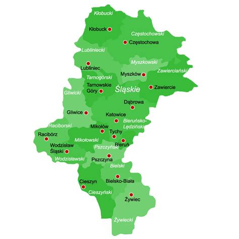 Mapa województwa śląskiego z zaznaczonymi centrami przemysłowymi