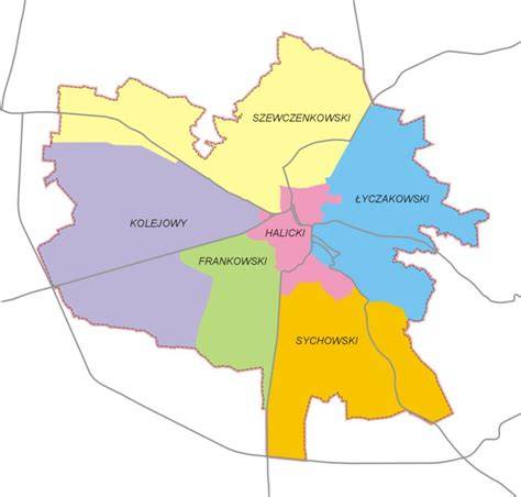 Mapa lub infografika przedstawiająca rozkład kancelarii komorniczych w Lublinie, uwzględniająca ważne ulice i dzielnice