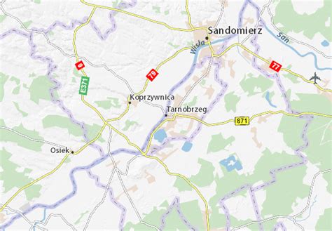 Mapa miasta Tarnobrzeg z zaznaczonymi sądami i kancelariami komorniczymi