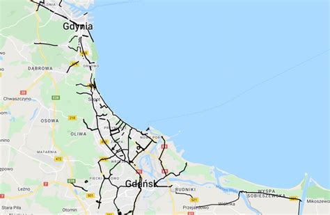 Mapa Trójmiasta z zaznaczonymi Gdańskiem, Sopotem i Gdynią
