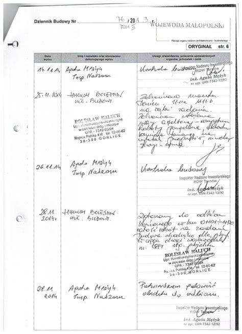 Przykładowy wpis w dzienniku korespondencji