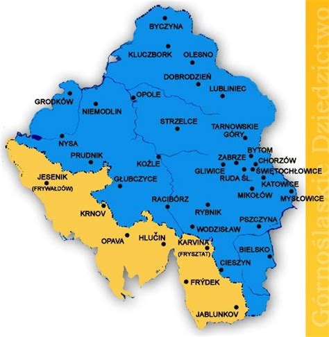 Mapa Górnego Śląska z zaznaczonymi Tychami i Mikołowem