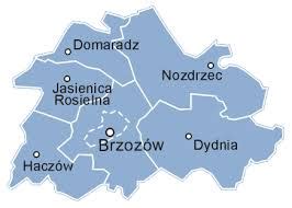Mapa powiatu brzozowskiego z zaznaczonymi miejscowościami, gdzie odbywają się licytacje komornicze