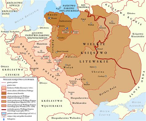 Mapa Polski z zaznaczonymi terenami Korony i Wielkiego Księstwa Litewskiego