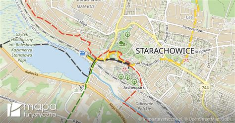 Mapa Starachowic z zaznaczonymi ulicami, na których znajdują się nieruchomości wystawione na licytacje.