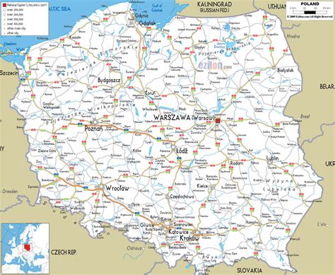 Mapa drogowa Polski z zaznaczonymi Komornikami i Krakowem