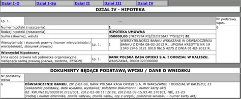 Fragment księgi wieczystej z widocznym działem IV (hipoteka)