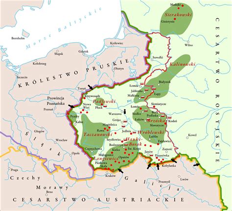 Mapa Polski z zaznaczonymi dawnymi zaborami