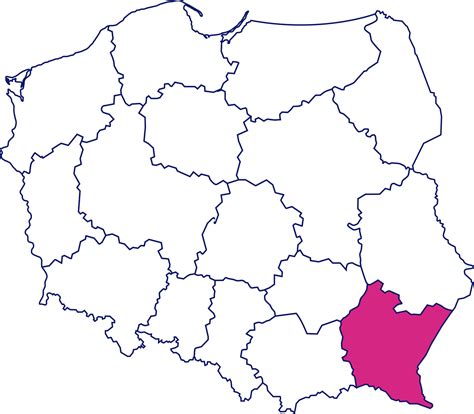 Mapa Polski z zaznaczonym województwem podkarpackim i miastem Dębica