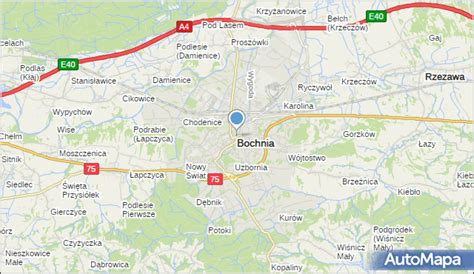 Mapa Bochni z zaznaczonymi potencjalnymi lokalizacjami licytowanych nieruchomości