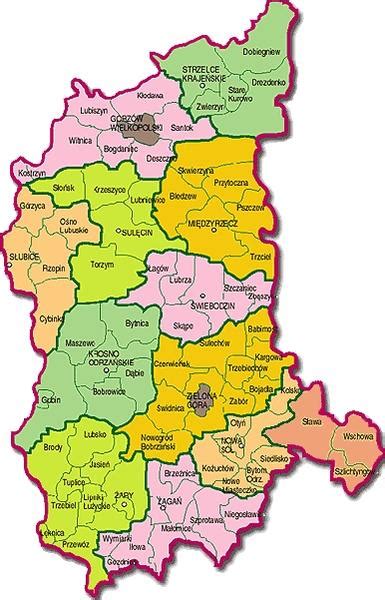 Mapa województwa lubuskiego z zaznaczoną Zieloną Górą