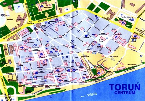 Mapa Torunia z zaznaczonymi potencjalnymi punktami kontaktowymi dla wierzycieli