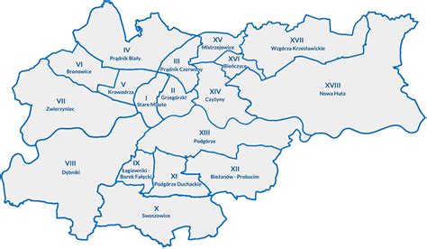 Mapa Krakowa z zaznaczonymi dzielnicami Nowej Huty i lokalizacją przykładowych kancelarii komorniczych