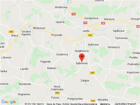 Mapa okolicy Dębowiec, z zaznaczeniem miejsc licytowanych nieruchomości