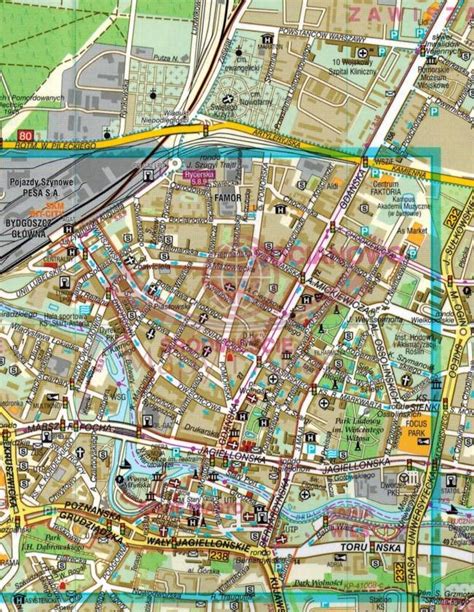 Mapa administracyjna Bydgoszczy z zaznaczonymi dzielnicami