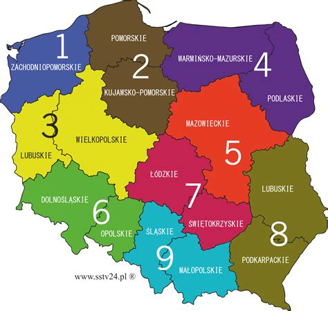 Mapa Polski z zaznaczonymi obszarami apelacji sądowych