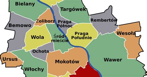 Mapa Warszawy z zaznaczonymi dzielnicami Wola i Bemowo